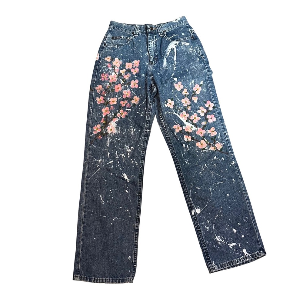 Vintage Riders Jeans Hand Painted Cherry Blossom 28x30 Cinch Back Bohemian Artsy
